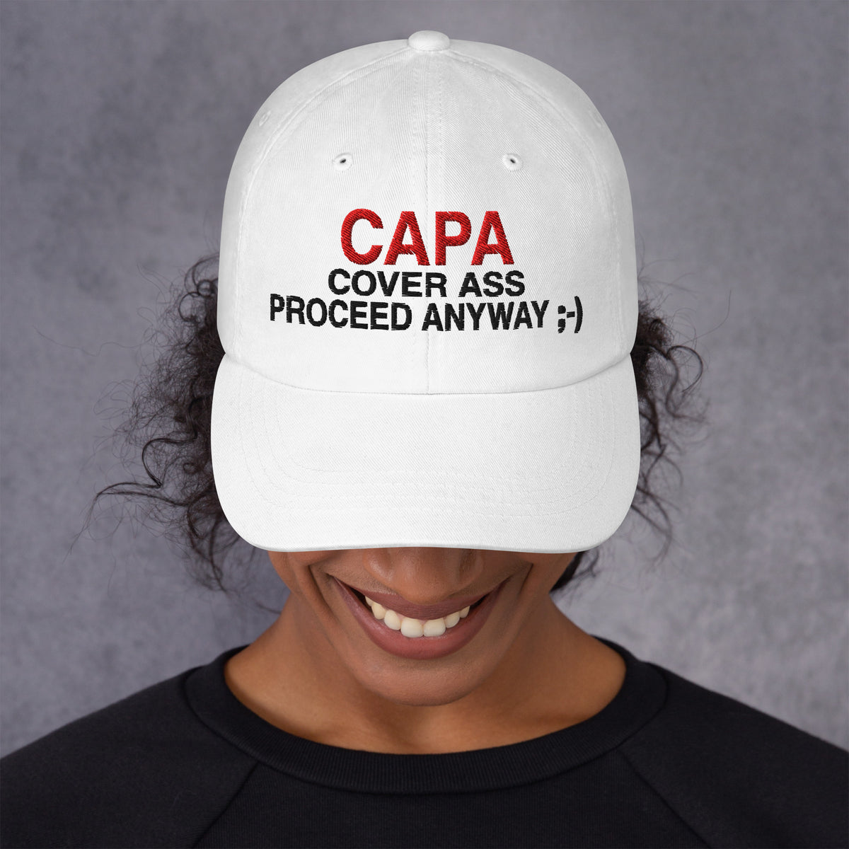 CAPA embroidered cap in white, front — embroidered CAPA, Cover Ass, Proceed Anyway ;-)