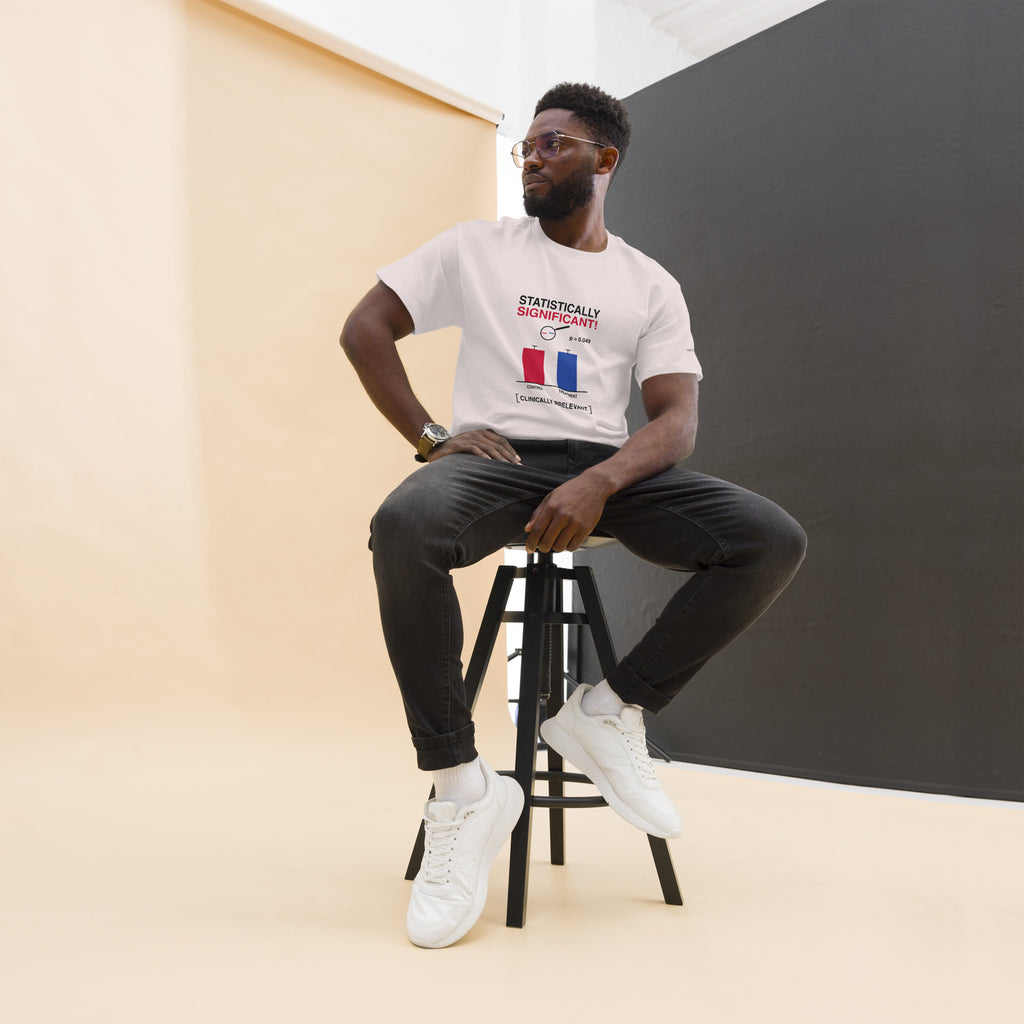 Statistically Significant men's tee in ice grey, front — printed p = 0.049 bar chart, Clinically Irrelevant