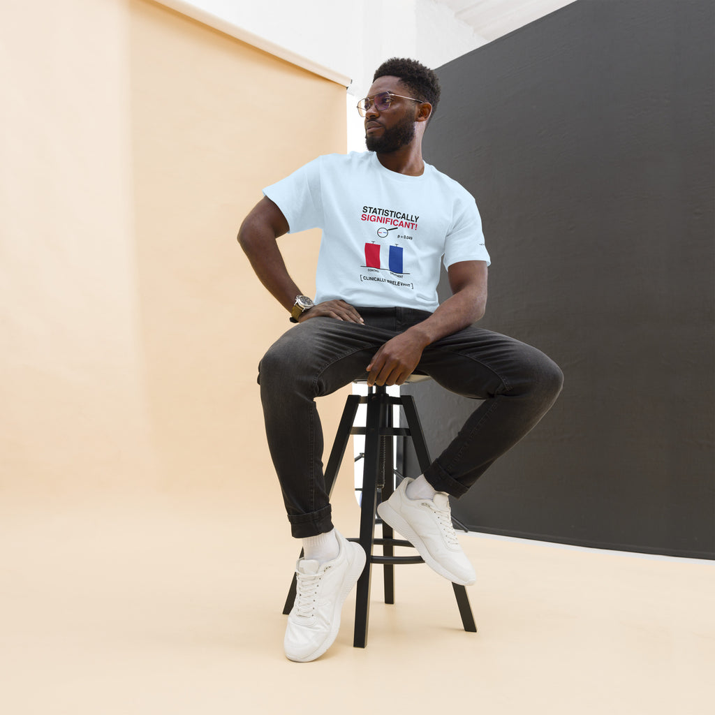 Statistically Significant men's tee in light blue, front — printed p = 0.049 bar chart, Clinically Irrelevant
