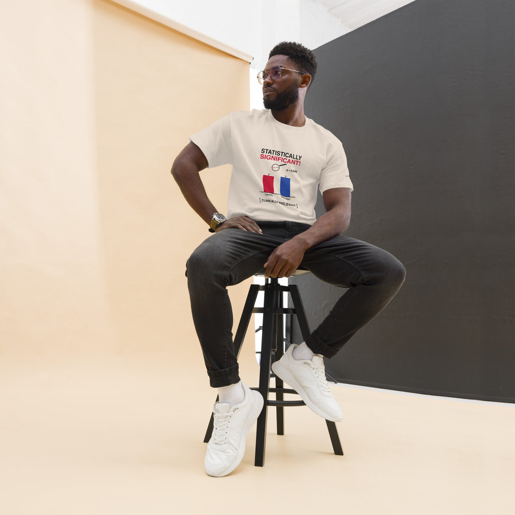 Statistically Significant men's tee in natural, front — printed p = 0.049 bar chart, Clinically Irrelevant
