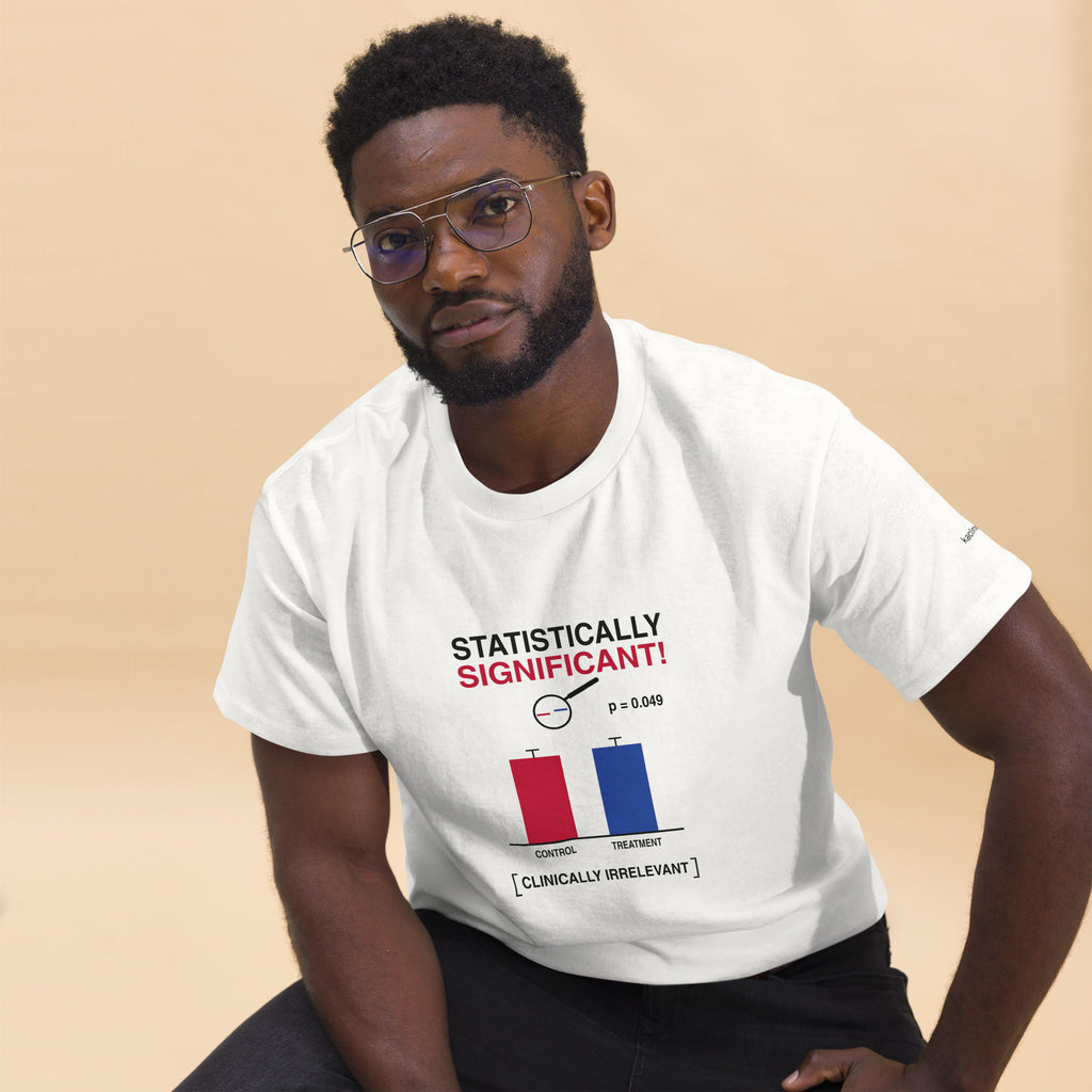 Statistically Significant men's tee in white, front — printed p = 0.049 bar chart, Clinically Irrelevant