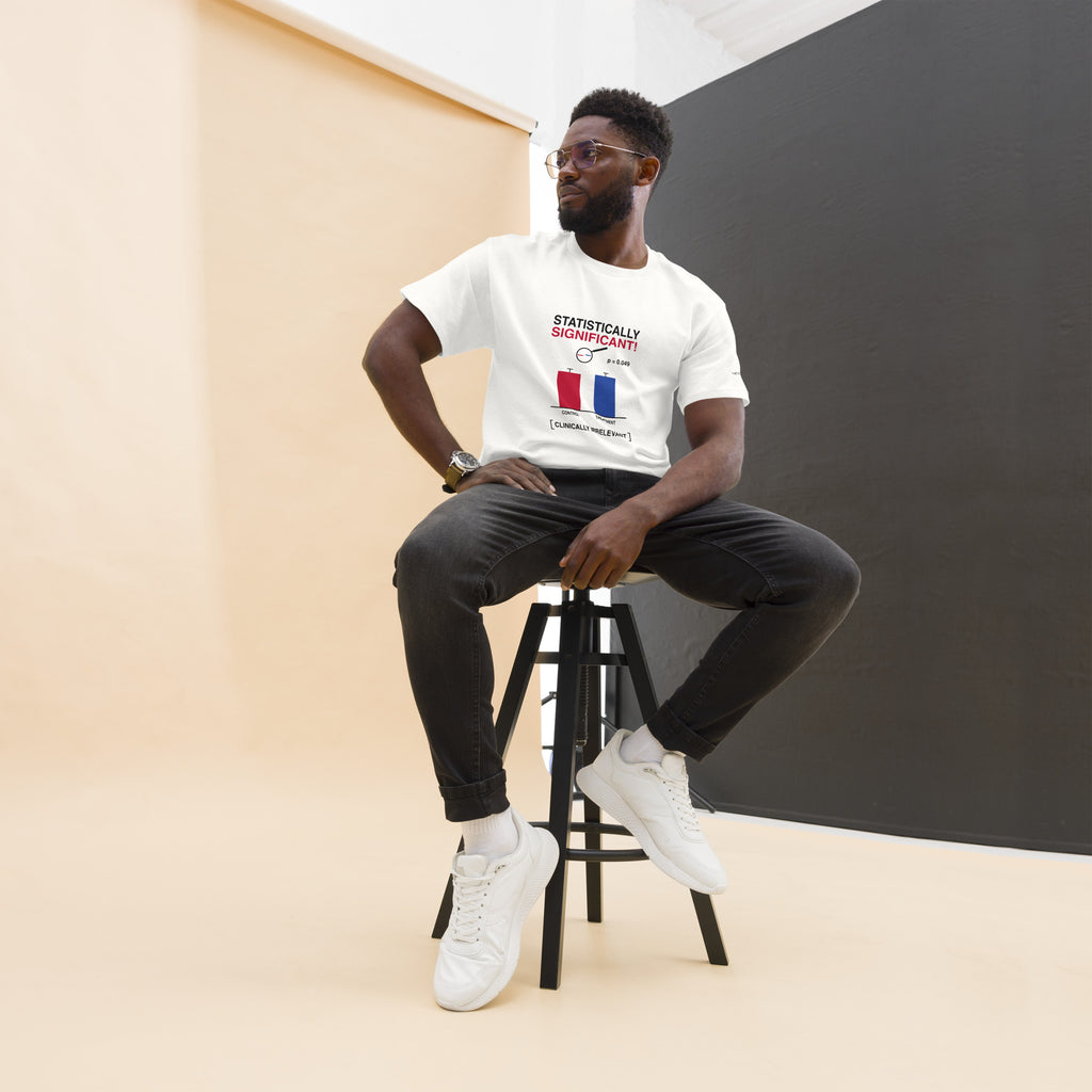 Statistically Significant men's tee in white, front — printed p = 0.049 bar chart, Clinically Irrelevant