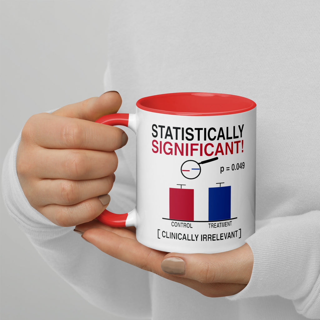 Statistically Significant mug, white with red interior, left side — printed p = 0.049 bar chart, Clinically Irrelevant