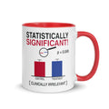 Statistically Significant mug, white with red interior, right side — printed p = 0.049 bar chart, Clinically Irrelevant